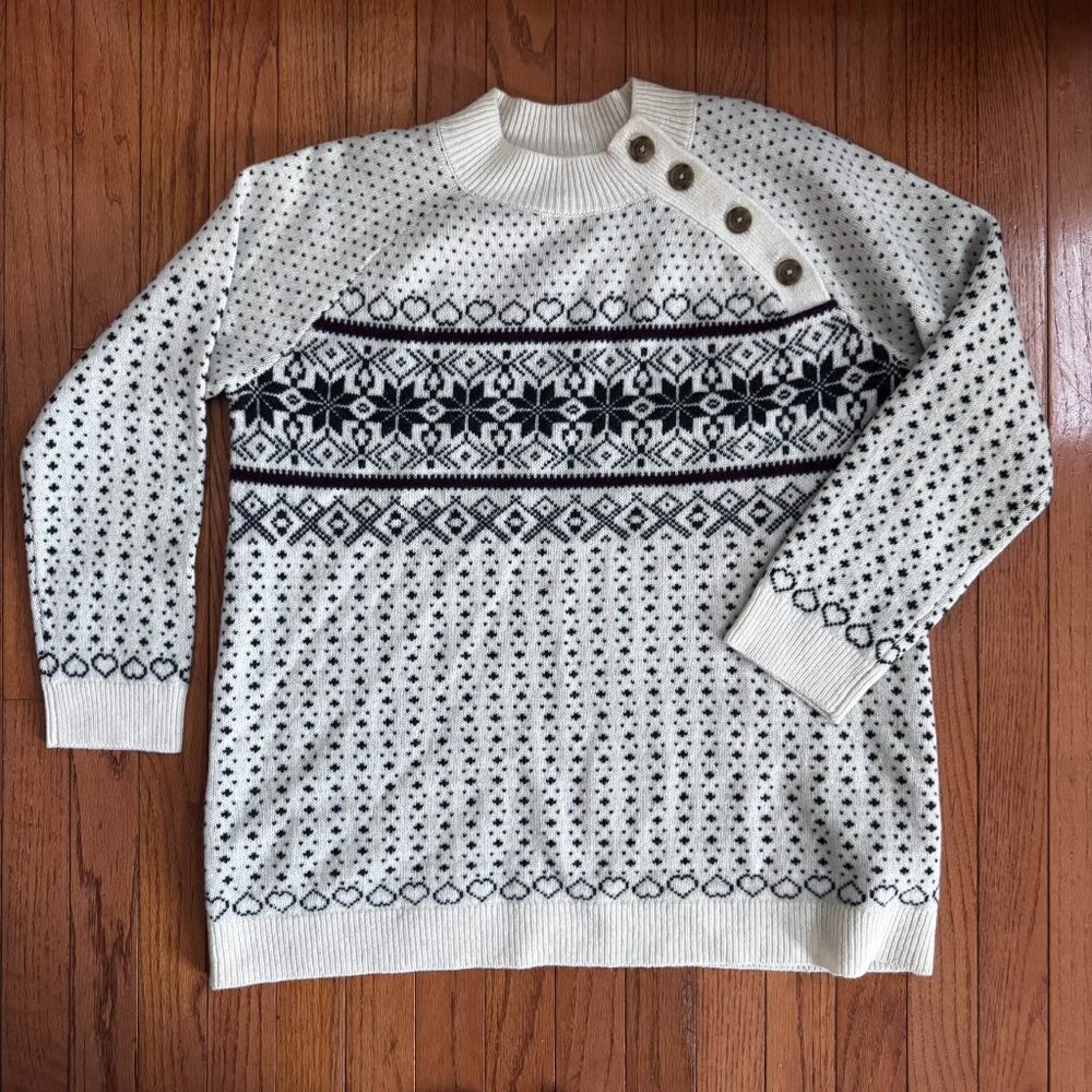 L.L. Bean Signature Nordic Fair Isle Wool Sweater XL Side Button Mock Neck